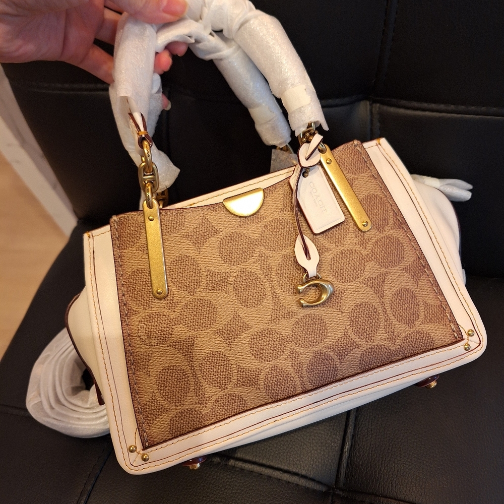 Coach Brown Signature Canvas Satchel with Cream Trim and Gold Hardware - Picture 7 of 11